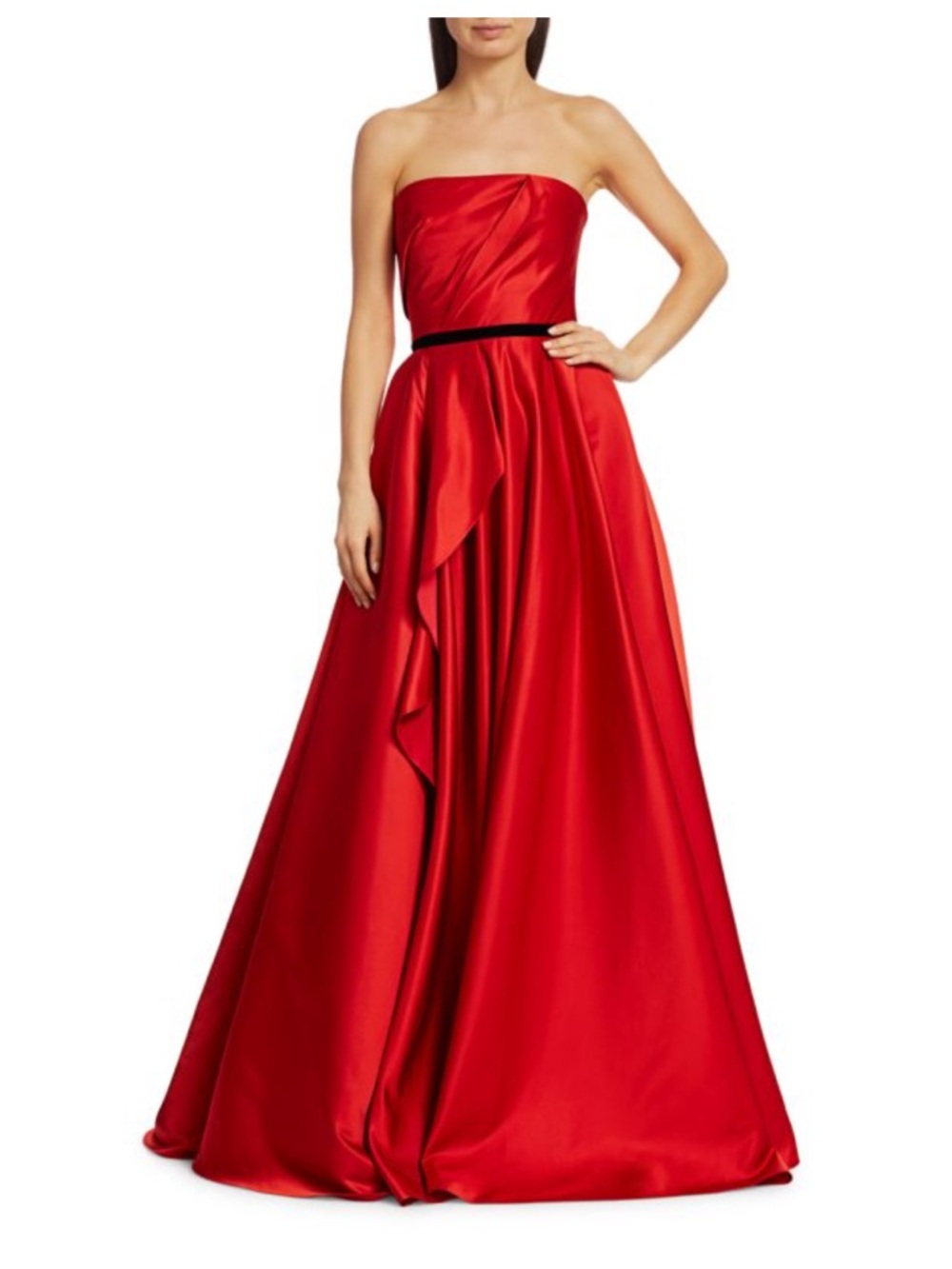 Strapless Red Satin Evening Gown with Draped Detail